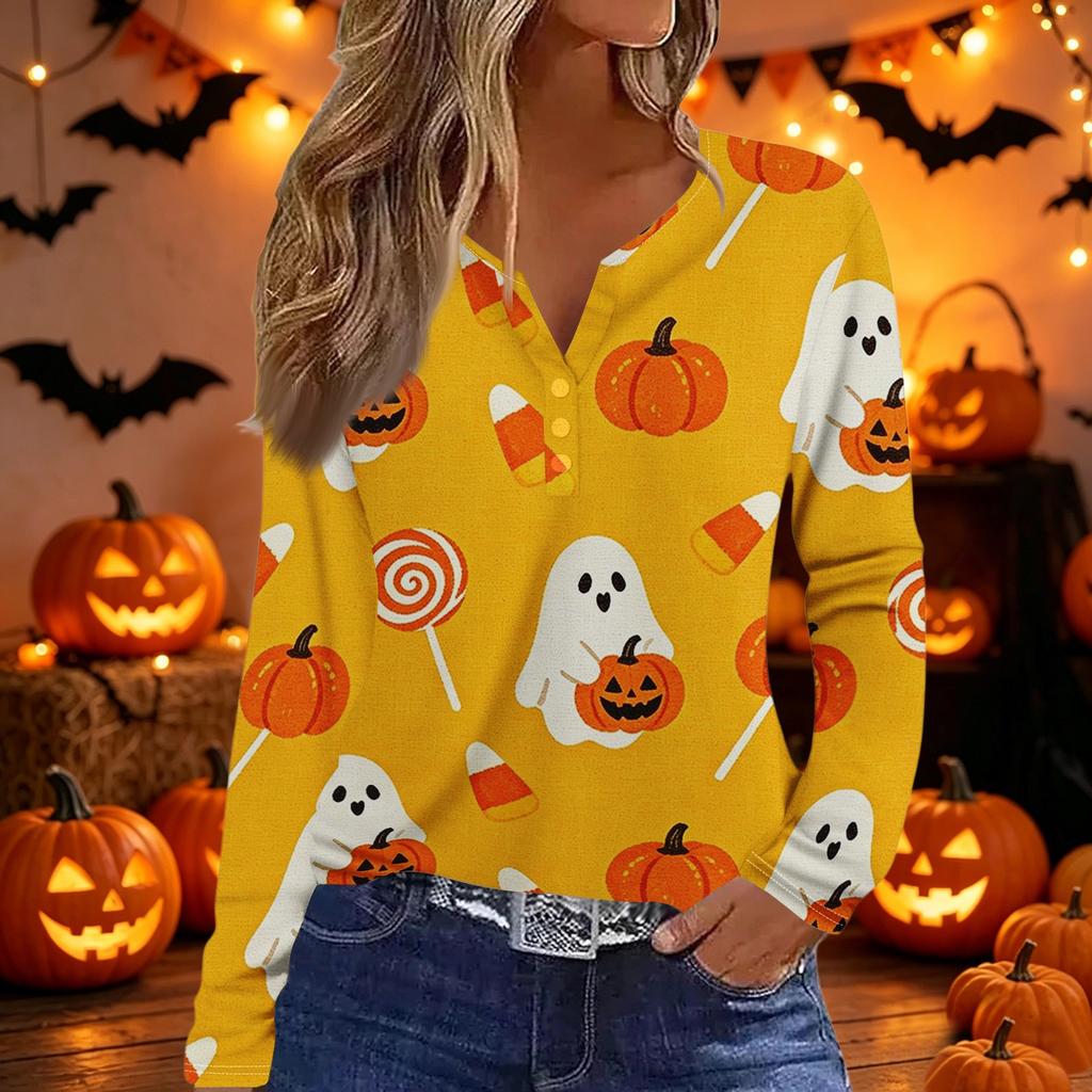 Women's Fashion Casual Halloween Print V Neck Decorative Button Long Sleeve T Shirt Top Lightweight Comfortable Fit