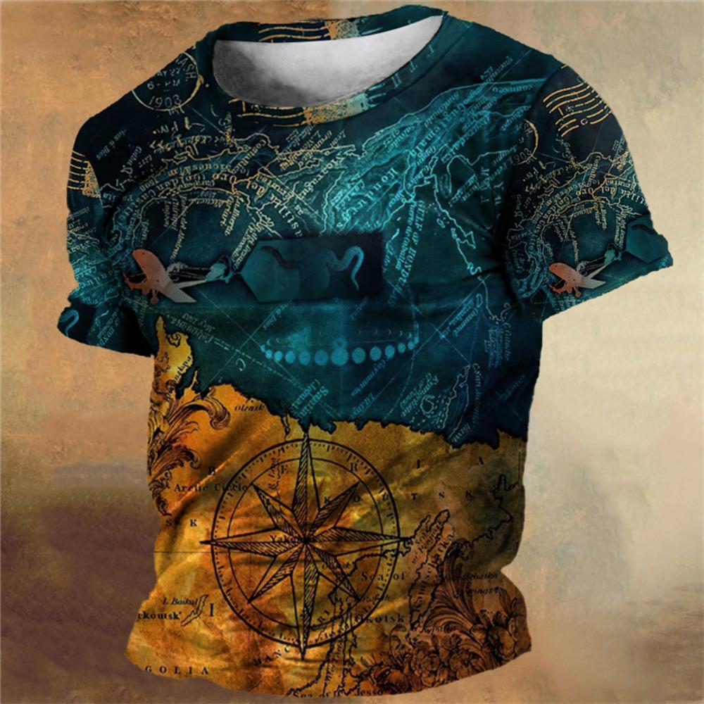 Pánské tričko s námořním vzorem, vintage kompas, 3D tištěná trička, letní ležérní kulatý výstřih, krátký rukáv, volná trička