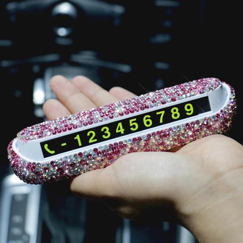 Diamond Crystal Car Temporary Parking Card Telephone Number Plate Magnetic Adsorption Design Bling Car Accessories for Women