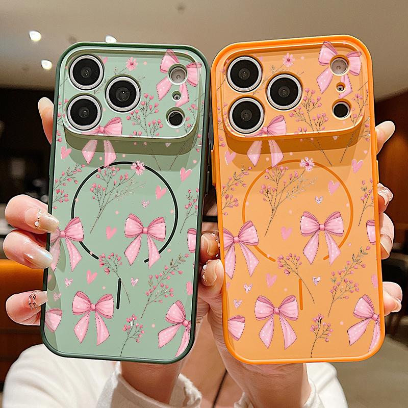 Pink Bowknots Floral Pattern For iPhone 17 Pro Max Funda iPhone 16 15 14 13 Pro Max Skin Feeling Magnetic For Magsafe Shockproof Bumper Cover
