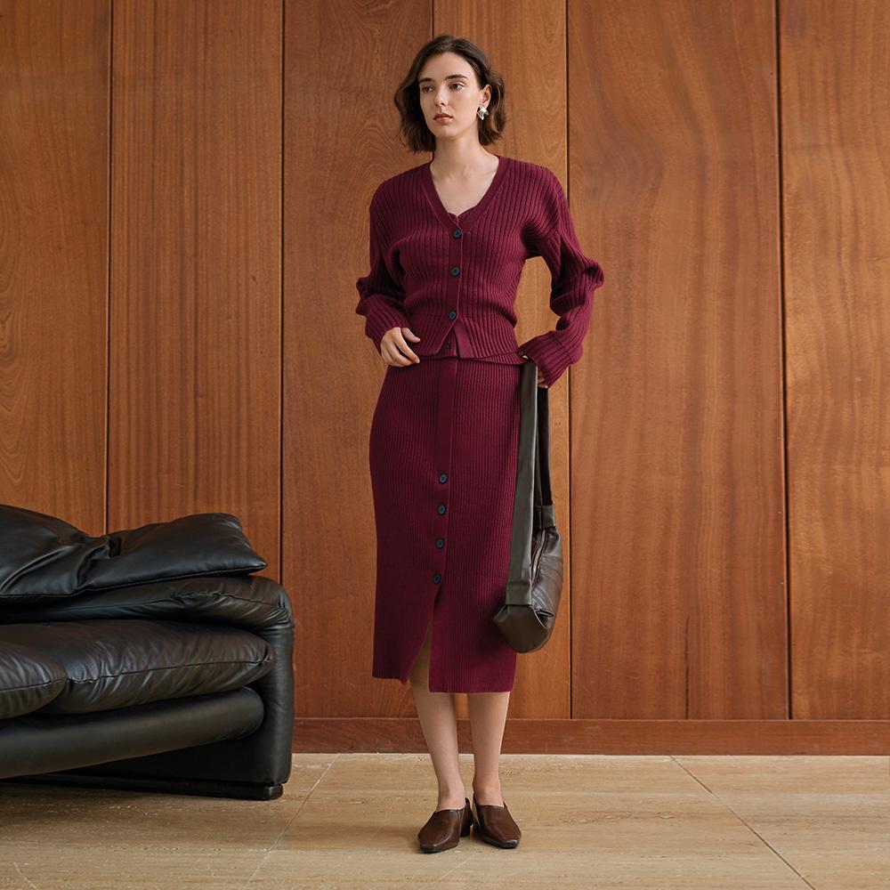 Waiwaiaiem Yy_Gentle Ribbed Wine Knit Skirt