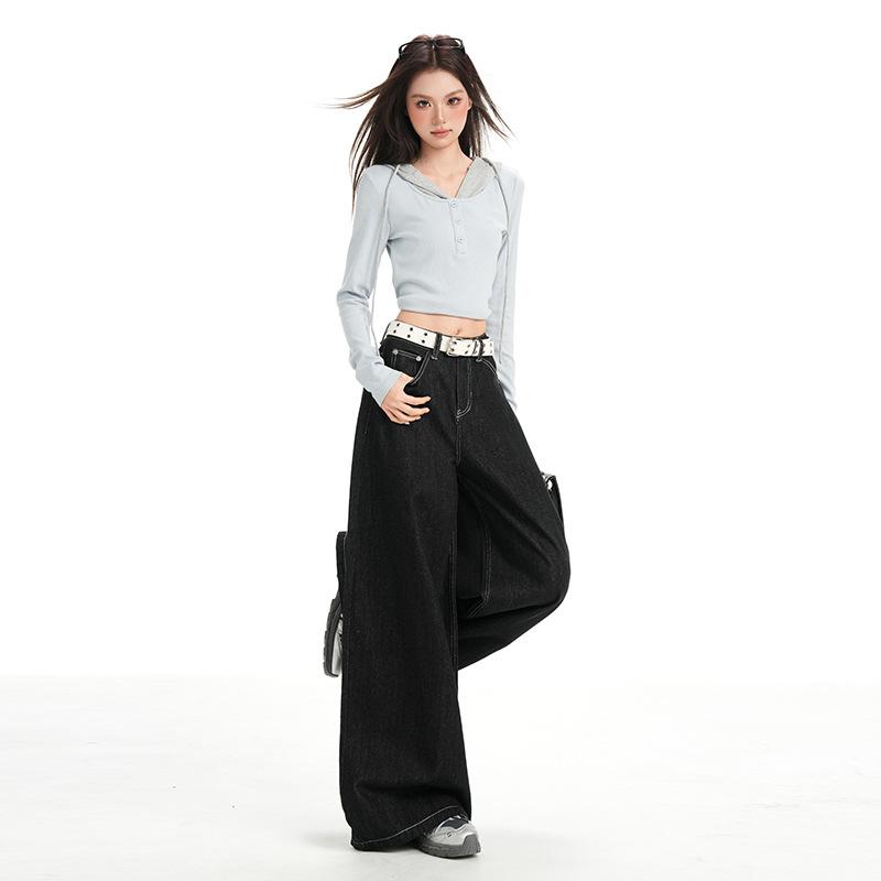Women's High Waist Wide Leg Jeans American Vintage Non Stretch Black Denim Trousers Floor Length Casual Pants