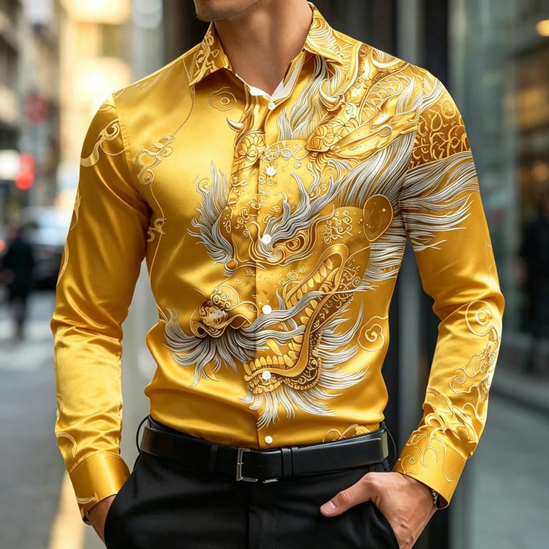 New Men's Long Sleeve Shirt Traditional Art 3D Printing Business Office Nightclub Wedding Casual Single breasted Men's Top