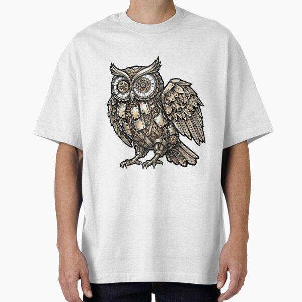 Men Casual Shirts Short Sleeves Steampunk Owl Mechanical Bird Clockwork Animal White Tees Oversized T-shirts