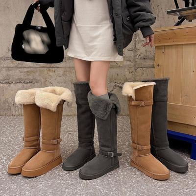 Long Boots Women's Thick-soled Thermal High Boots Thickened Flanged Two-wear Buckle-strapped Gray Snow Boots