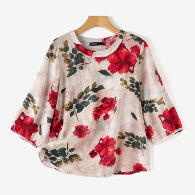 Kadın Çiçek Baskı O-Boyun 3/4 Kollu Yaz Bluz