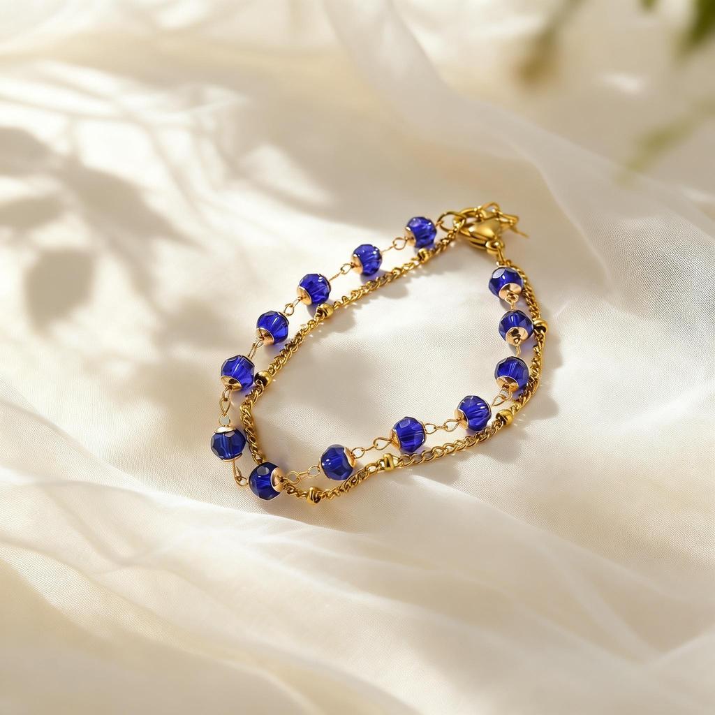 Boho Blue Crystal Beads Bracelets for Women Double Layer Thin Link Stainless Steel Bracelet Fashion Elegant Jewelry Gifts
