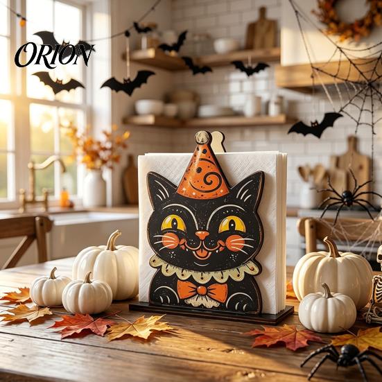 Solid Wood Napkin Rack Halloween Wooden Holder, Ghost Mummy Pumpkin Gothic Holder Rustic Tabletop Tissue Dispenser for Farmhouse Dining Table