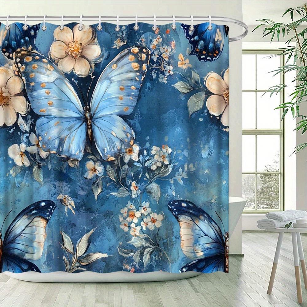 1Pc Shower Curtain - Vibrant Blue Butterfly & Pastel Floral Design With Soft Pink Accents, Whimsical Nature-Inspired Bathroom