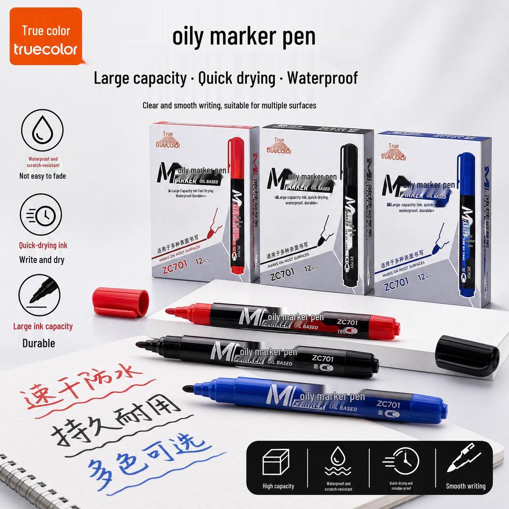 True Color Black Oil-Based Waterproof Marker Pen - Broad Tip, Fade-Resistant, Ideal for Construction and Logistics Marking