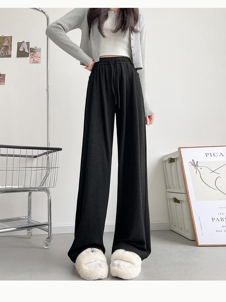 Women's Solid Color Wide-Leg Pants - Autumn/Winter 2024, Mid-Waist, Loose Straight-Leg, Floor-Length