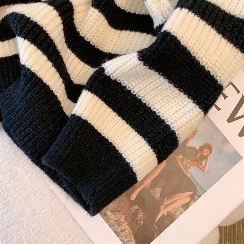 Autumn and winter new lapel sweater women's loose lazy style casual striped half zipper pullover knitted sweater