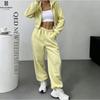Womens Short Hooded Zip Sweatshirt Set High Waist Pants Solid Color Casual Sportswear