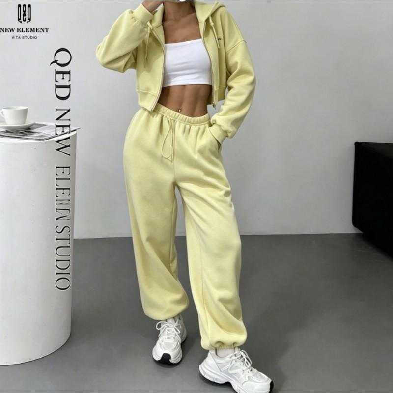 Womens Short Hooded Zip Sweatshirt Set High Waist Pants Solid Color Casual Sportswear