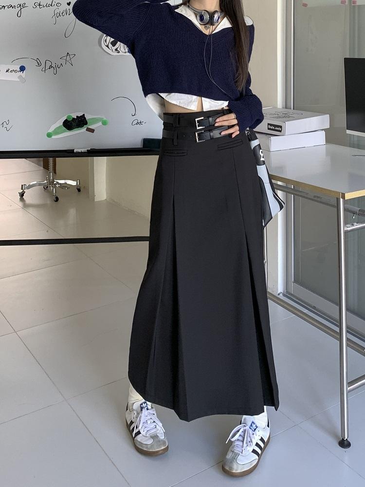 Vintage pásek Dlouhá sukně Dámské Podzim 90. léta Estetické streetwear Y2k Vysoký pas Úzká skládaná sukně do A Korejský styl