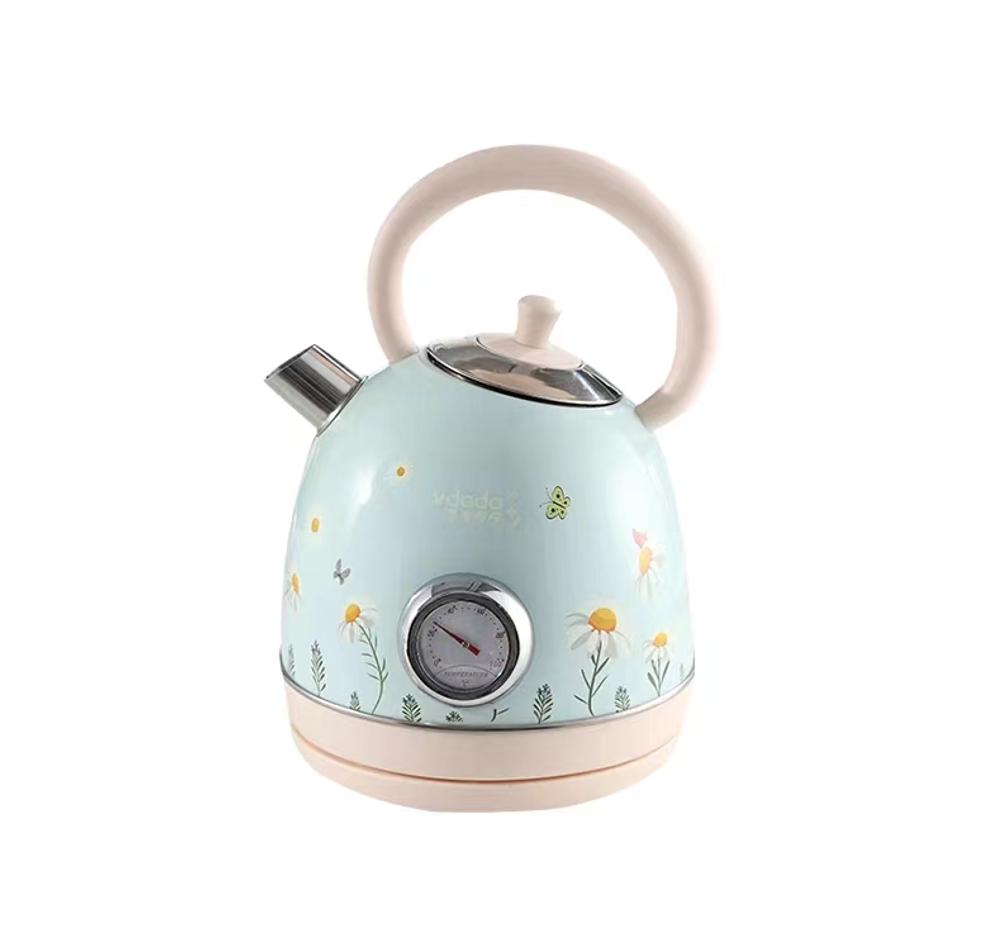 Flower-painted electric kettle with vintage-style instrument thermometer, 1.8L SUS LED 1850W, featuring automatic shutdown and dry-cooking protection.