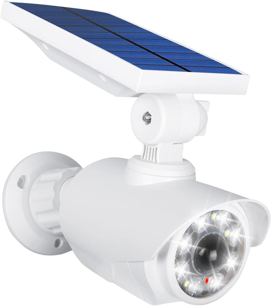 Outdoor Solar-Powered Motion Sensor Light, Security Camera Style Dummy Camera with Red Light for Deterrence, IP66 Waterproof and Dustproof, No Power