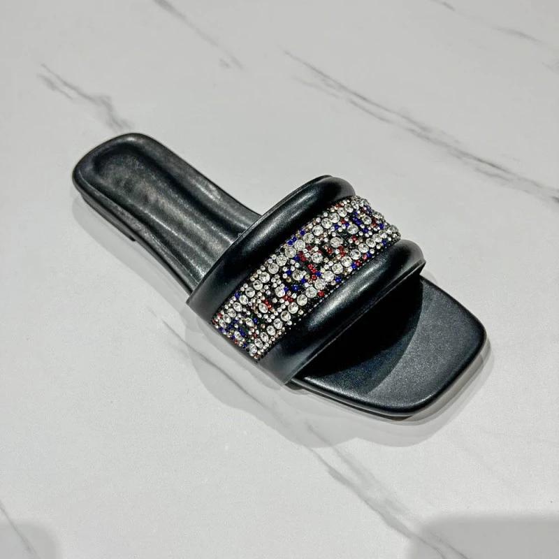 fashion Women's Sandals 2024 Summer Footwear with Colorful Water Diamond New Design Luxury Open Toe Vacation Beach Ladies Flat Shoes