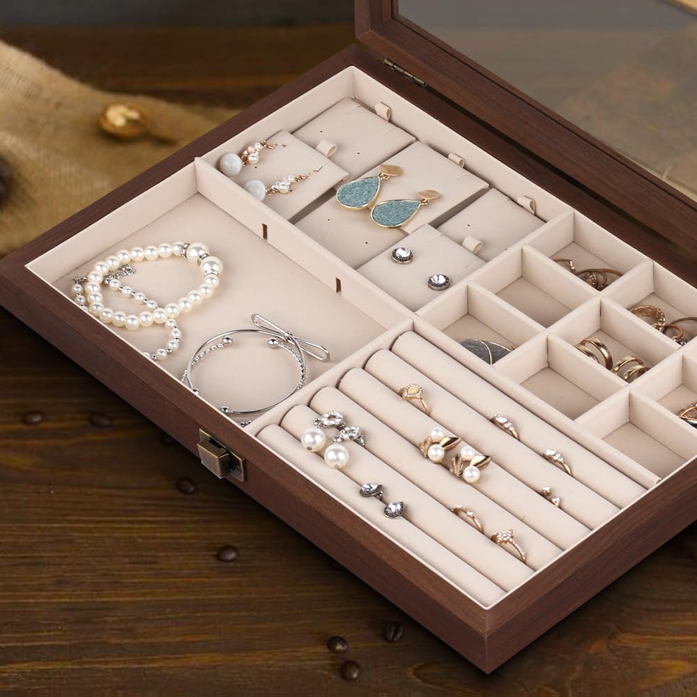 Baskiss Wooden Jewelry Storage Large Capacity Accessory for Storing Dresser Top Box, Case, Displayable, Dustproof, Necklaces, Rings, Earrings, etc.,