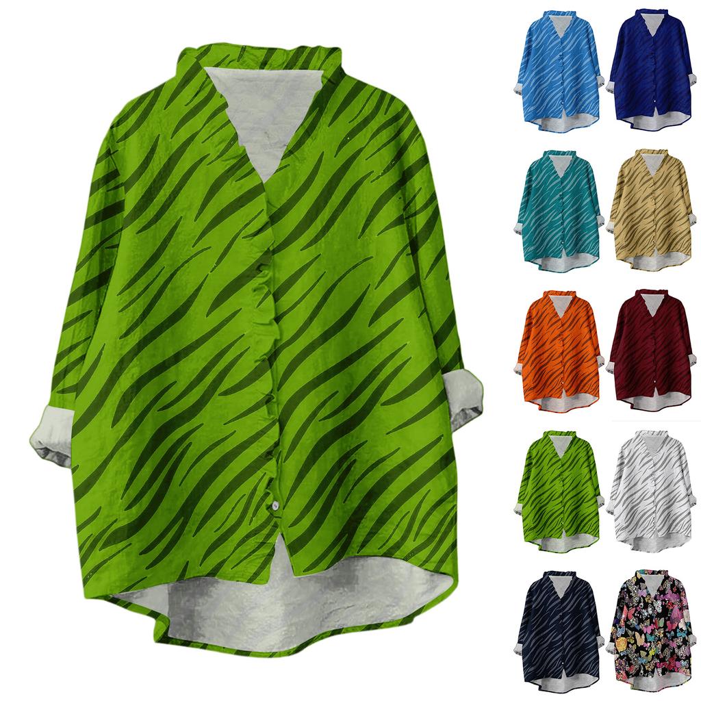 Women's Loose Ruffled Floral Print Stand Collar Long Sleeve Cotton And Linen Top