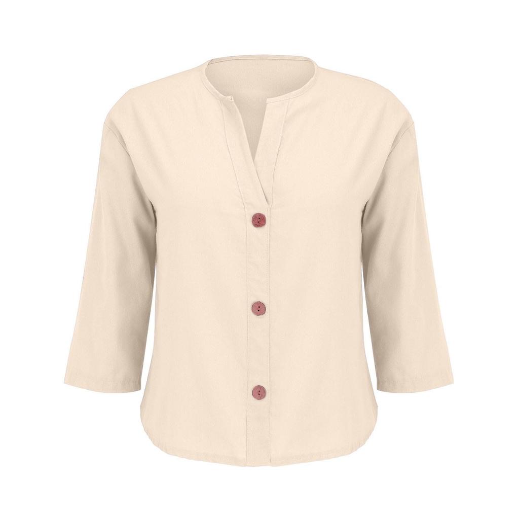 Women's Fashion Casual V-Neck Buttoned Seven-Point Sleeve Cotton T-Shirt Top