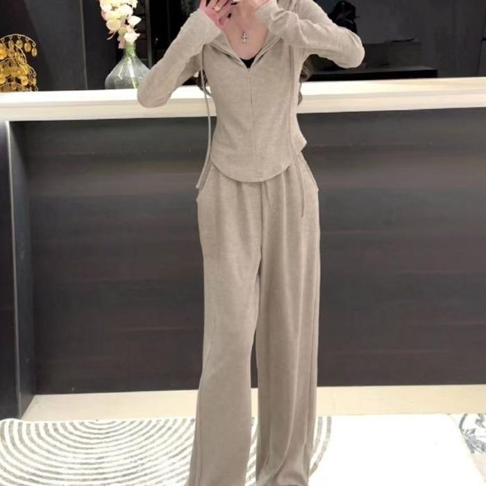 Sports and leisure two-piece set hooded sweater jacket women's spring wide-leg pants trousers new fashion suit