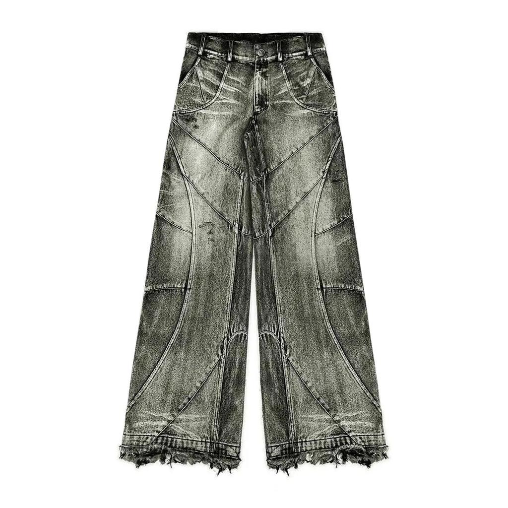 Unisex European American Kalhoty s vysokým pasem Raw Edge Washed Jeans Muži Street Volné Oversized Rovné Široké Džínové kalhoty