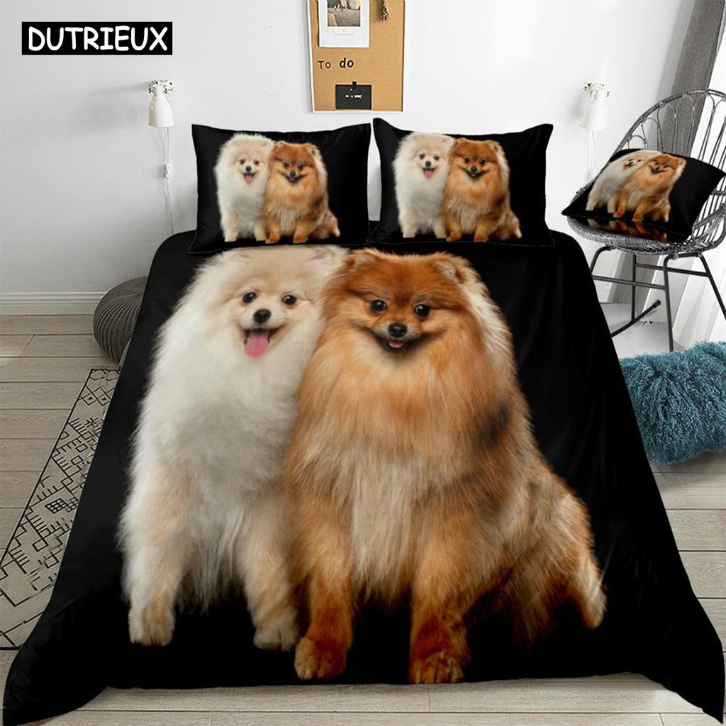 3D Pommerscher Bettbezug Set Niedliches Hunde Bettwäsche Set Kinder Jungen Mädchen Haustier Bettdeckenbezug Schwarz Queen Tier Heimtextilien Dropship