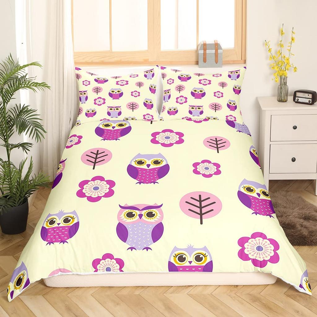 Cartoon Owl King Queen Duvet Cover Gray Cute Animal Bedding Set Pink Orange Grey Flowers Comforter Cover Polyester Quilt Cover