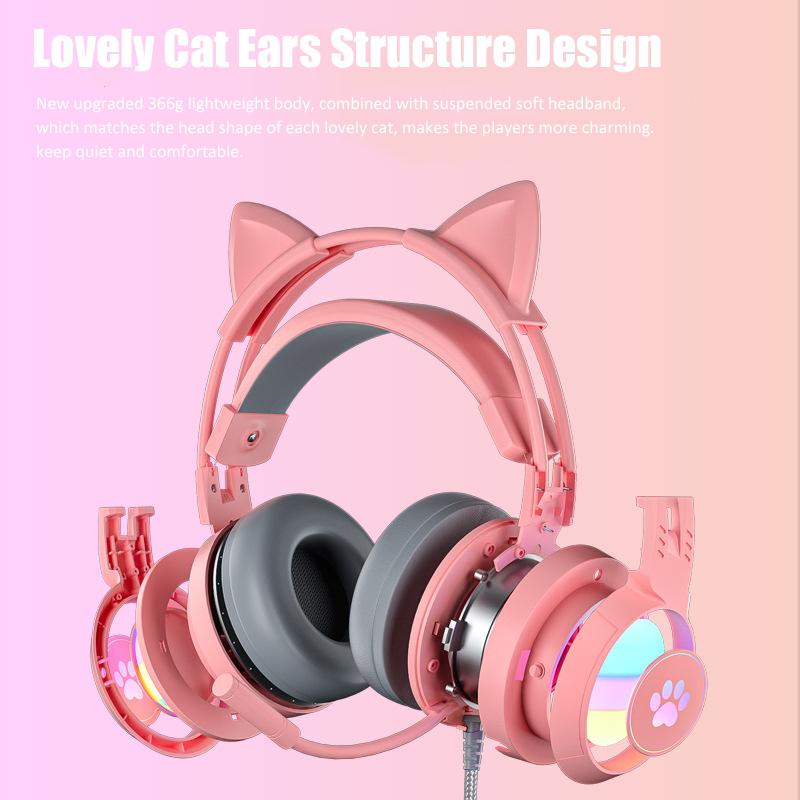 Cute Cat Ear Gaming Headphones with Mic Noise Reduced RGB Pink Girls Headset Gamer Accessories for PS4 Xbox Phone PC Kid Gift