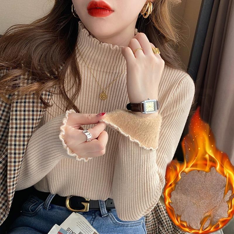 In Autumn and Winter, Wear A Solid Color Plus Velvet Half Turtleneck Sweater, Women's Gentle Wind, Warm One-piece Velvet Bottoming Shirt
