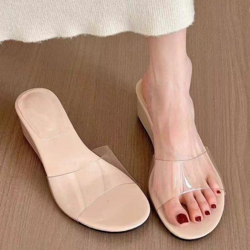 

Fashion PVC Transparent Mid-high Heels Wedge Slippers New Summer Solid Shallow Women s Sandals Fashionable and Comfortable Women s Shoes 35 хаки
