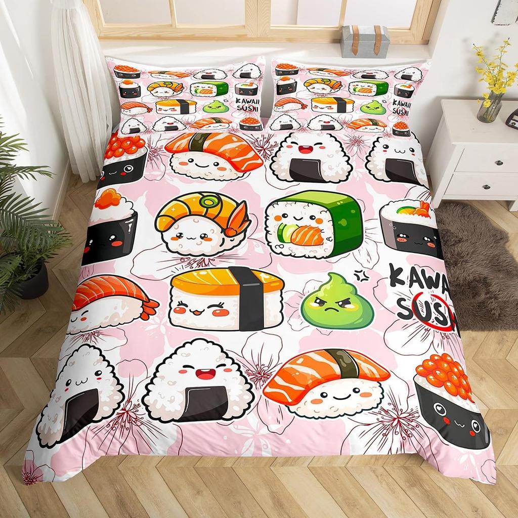 Sushi Duvet Cover Twin Japanese Cherry Blossoms Bedding Set for Girls Boys Room Decor Kawaii Sushi Japan Food Comforter Cover
