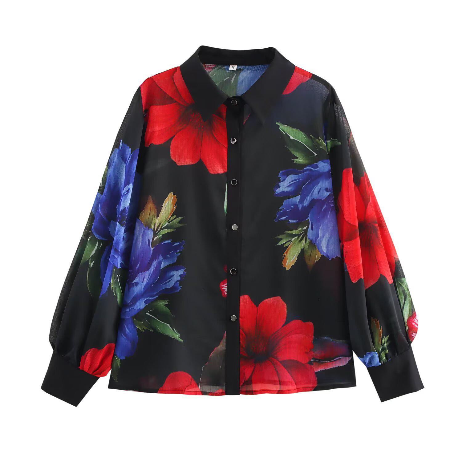 

2025 Весна Женская Европейская и Американская Мода Повседневная Рубашка с Длинным Рукавом с Принтом M цветочный