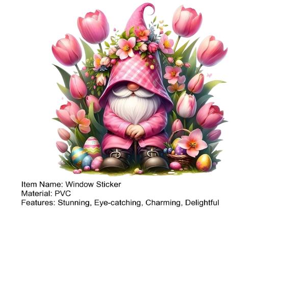 Tulip Gnome PVC Window Cling Waterproof Pink Floral Gnome Static Sticker Reusable Glass Door Decals for Classroom Home Office Party Decoration