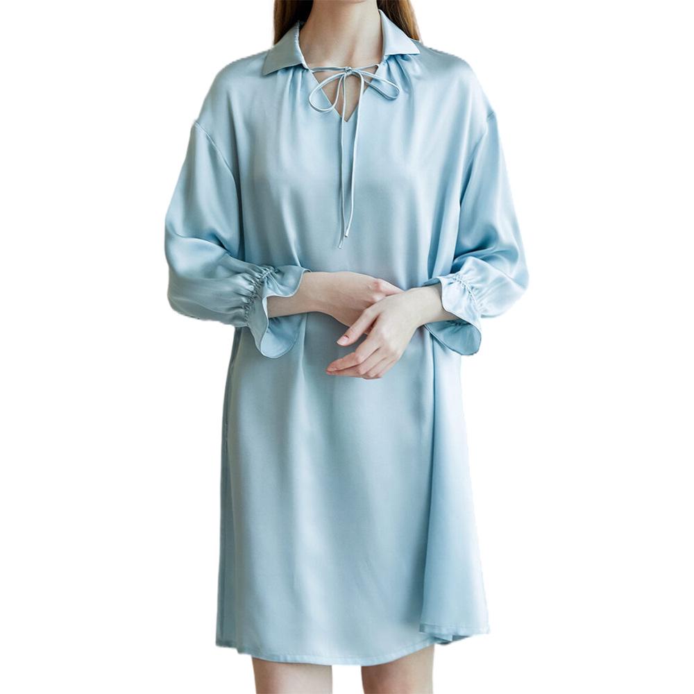 Nordic Light Retro Silk Long Sleeve V-Neck Lace-Up Jumpsuit - 100% Mulberry Silk Smooth Sleepwear