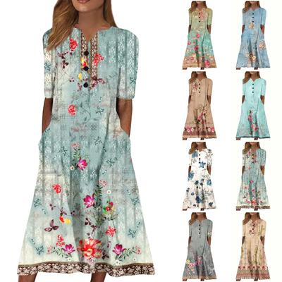 Women's Summer Casual Printing Fashion V-neck Short Sleeved Beach Swing Skirt