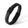 Luxury Punk Mens Double-Row Braided Leather Bracelet Bangle Rope Black Wristband with Stainless Steel Gift for Boy Male Father Jewelry Accessories