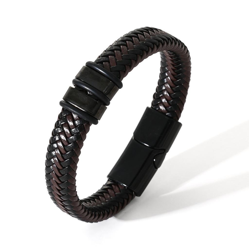 Luxury Punk Mens Double-Row Braided Leather Bracelet Bangle Rope Black Wristband with Stainless Steel Gift for Boy Male Father Jewelry Accessories