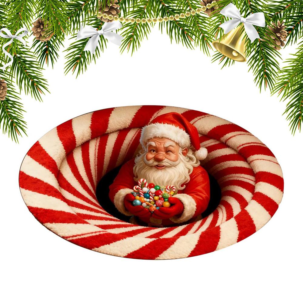 Christmas Doormat Non-Slip Round 3D Optical Christmas Carpet Holiday Decor For Living Room Entryway Office Dorm Apartment