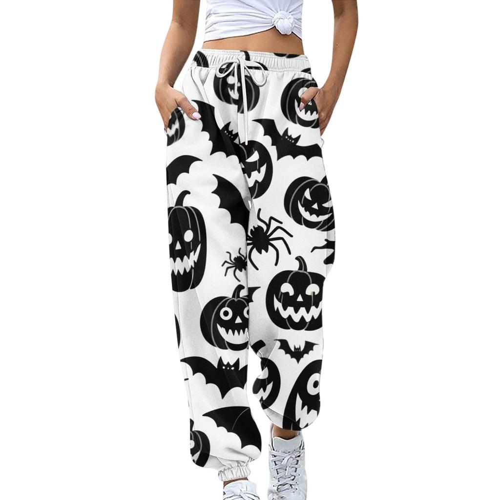 Damsportbyxor med fickor Mode Halloweentryck Elastisk midja Byxor Casual Sweatpants Byxor