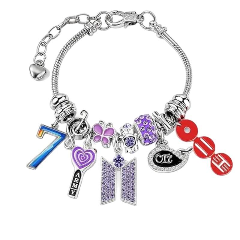 BTS Charm Bracelet OT7 Whale ARMY Logo Purple Crystal Beads Silver-Plated Snake Chain Jewelry Kpop Fan Gift for Army