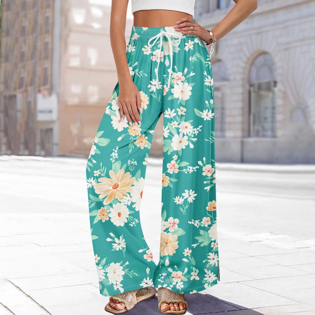 Kvinner Sommer Boho Palazzo Bukser Høy midje Bred Leg Blomstertrykk Uformelle bukser med lommer