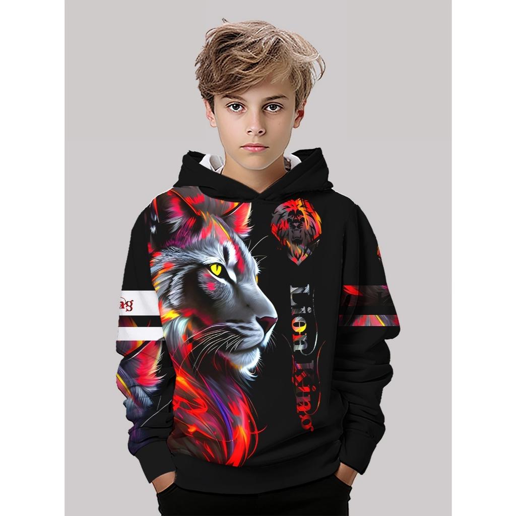 3D Digital Printed Colorful Lion King, Trendy Animal Pattern Hooded Sweatshirt, Fashionable Casual Children's Clothing