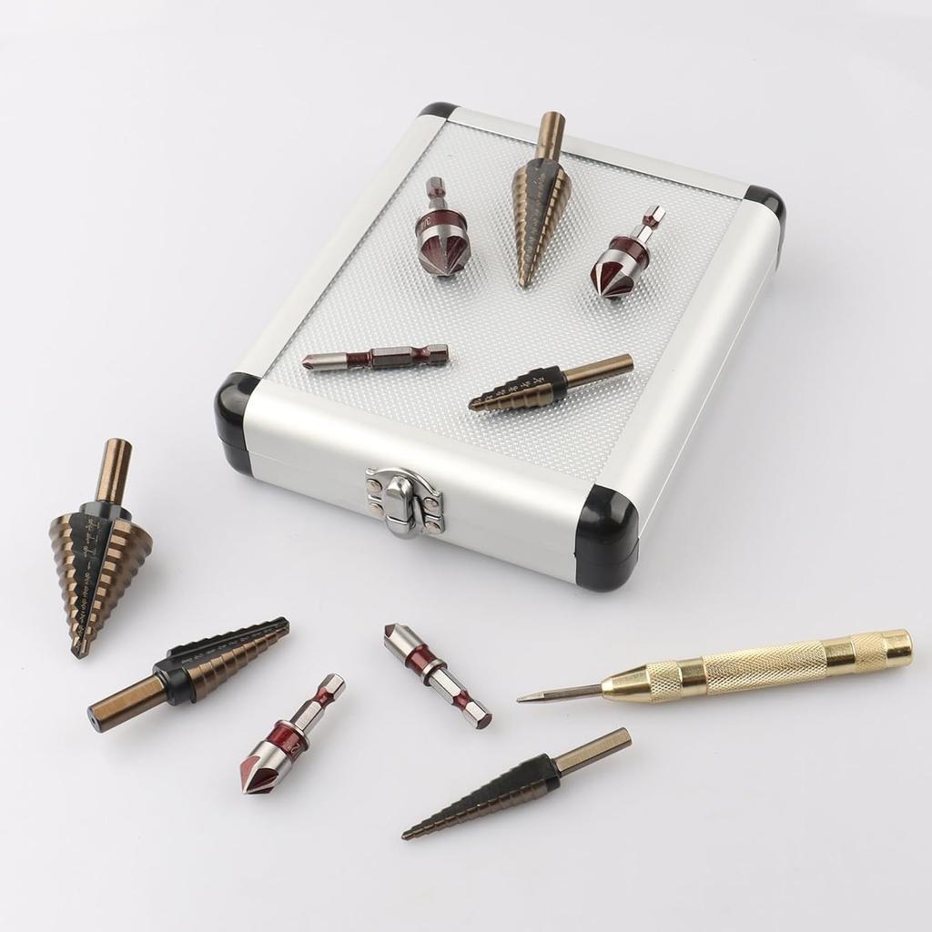 5 Pack Step Drill Bit & 5 Pack Countersink Drill Bit Set, Titanium Coated, 50 Sizes of Step Bit for Metal with Aluminum Case