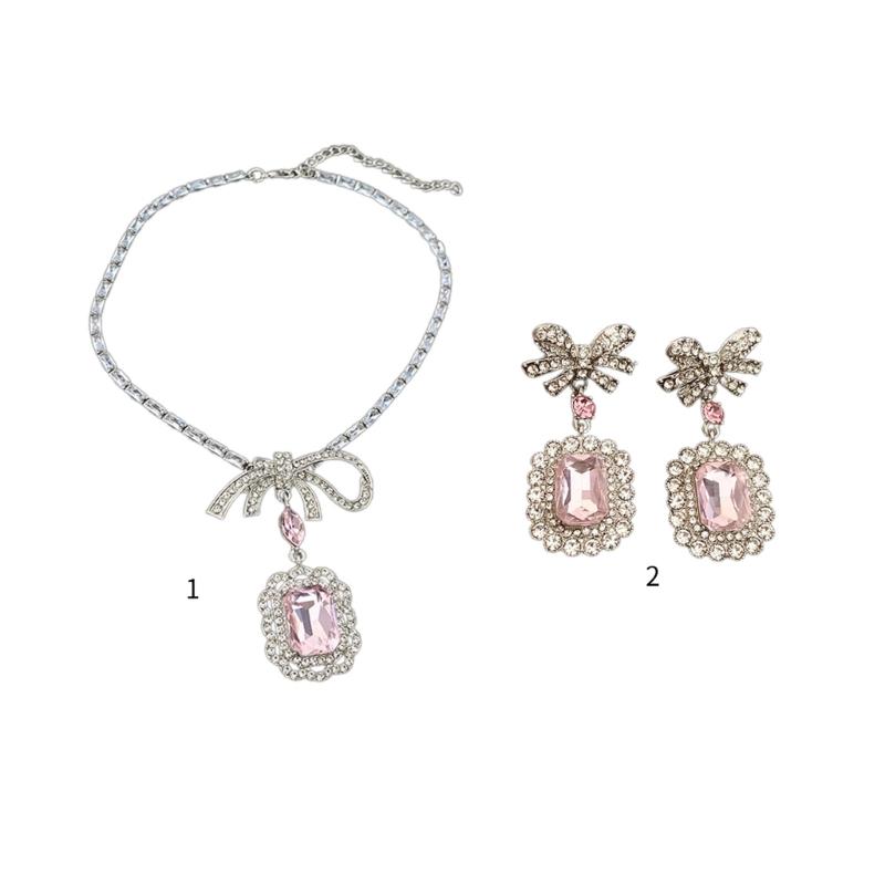Elegant Square Crystal Pendant Necklace/Earring Chic Bowknot Jewelry Accessories Perfect for Daily Wear and Parties