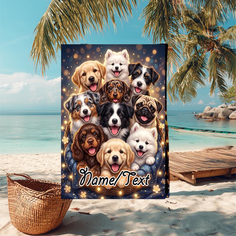 1PC Custom Name Puppy Basket Night Beach Towel Highly Absorbent And Sand-Resistant Towel for Swimming, Pool, Yoga, And Travel Lightweight