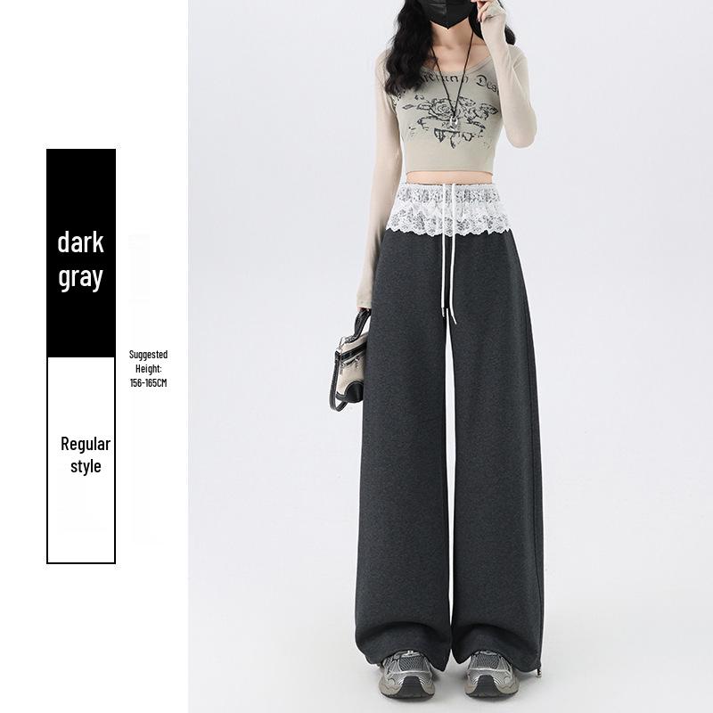 2026 Spring Women s Wide-Leg Drawstring Patchwork Lace Waist Casual Pants 2XL темно-серого