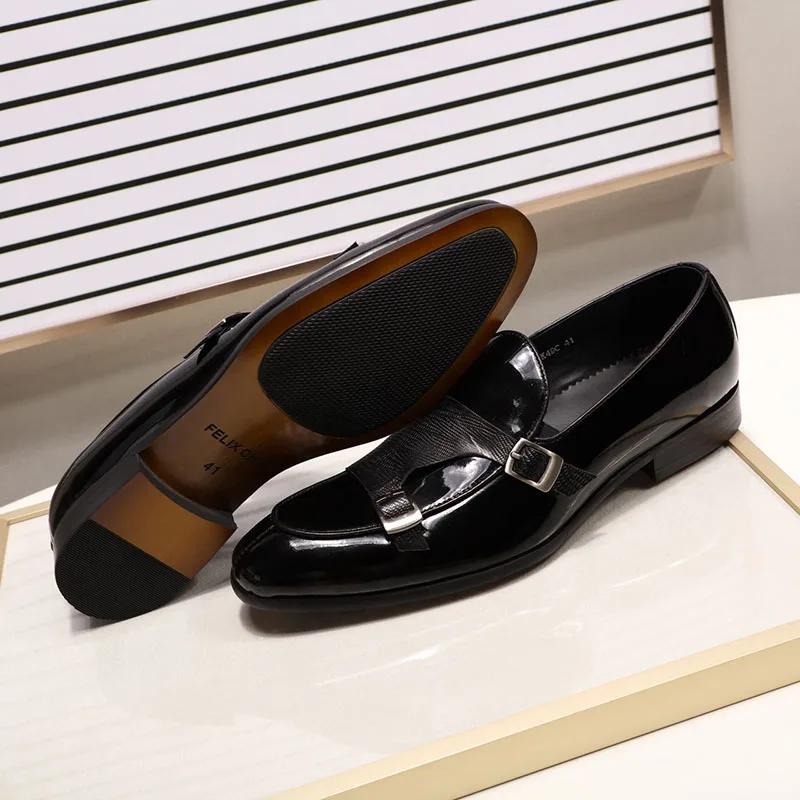Fashion FELIX CHU Men's Patent Leather Loafers Black/Green Monk Strap Slip-On Shoes for Wedding Party Dress Casual Fashion