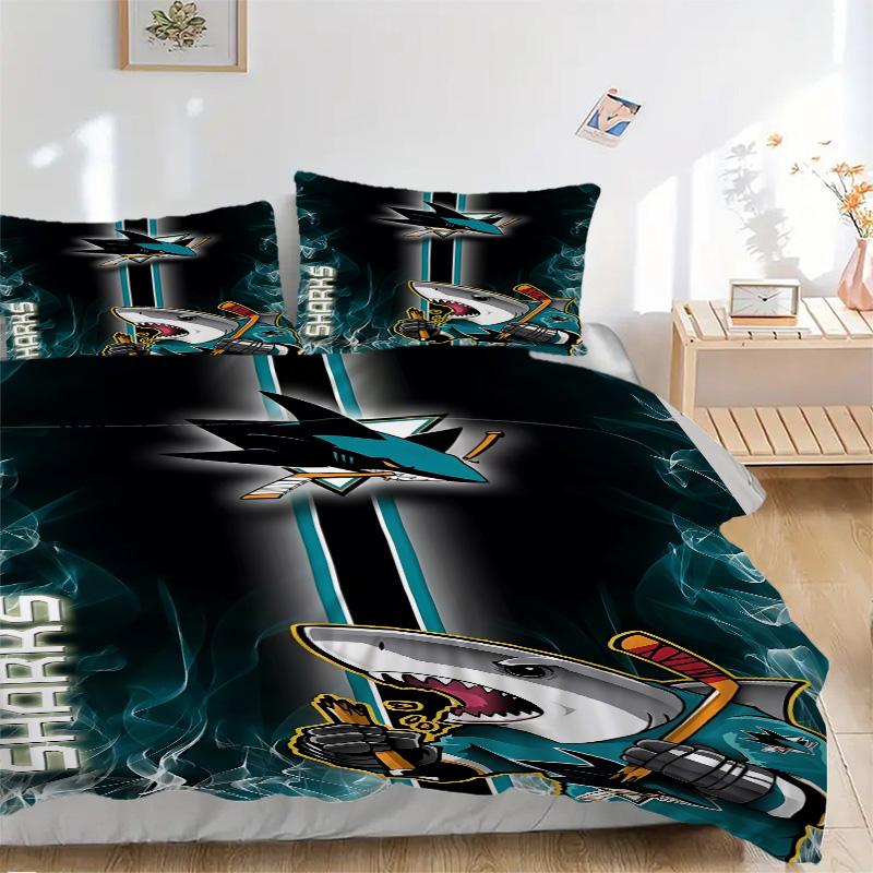 San Jose Sharks Ice Hockey Print 3Pcs Bedding Set,Duvet Cover with 2 Bedro,Pillowcase Home Birthday Gift